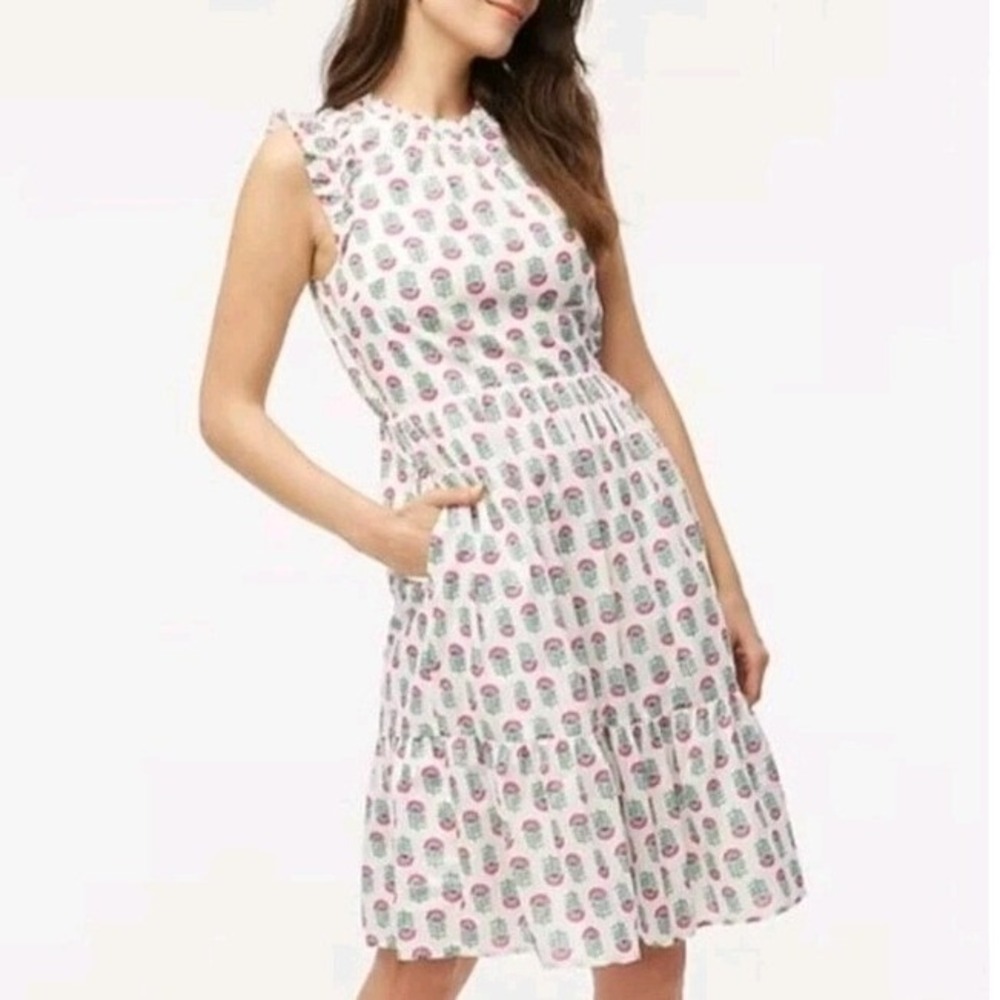 J.Crew Womens Floral Block Print Ruffle Tiered Cotton Dress White Pink Green 2
